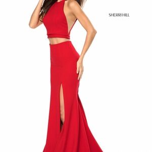 Sherri Hill Red Prom Gown with Halter Neckline and Side Slit